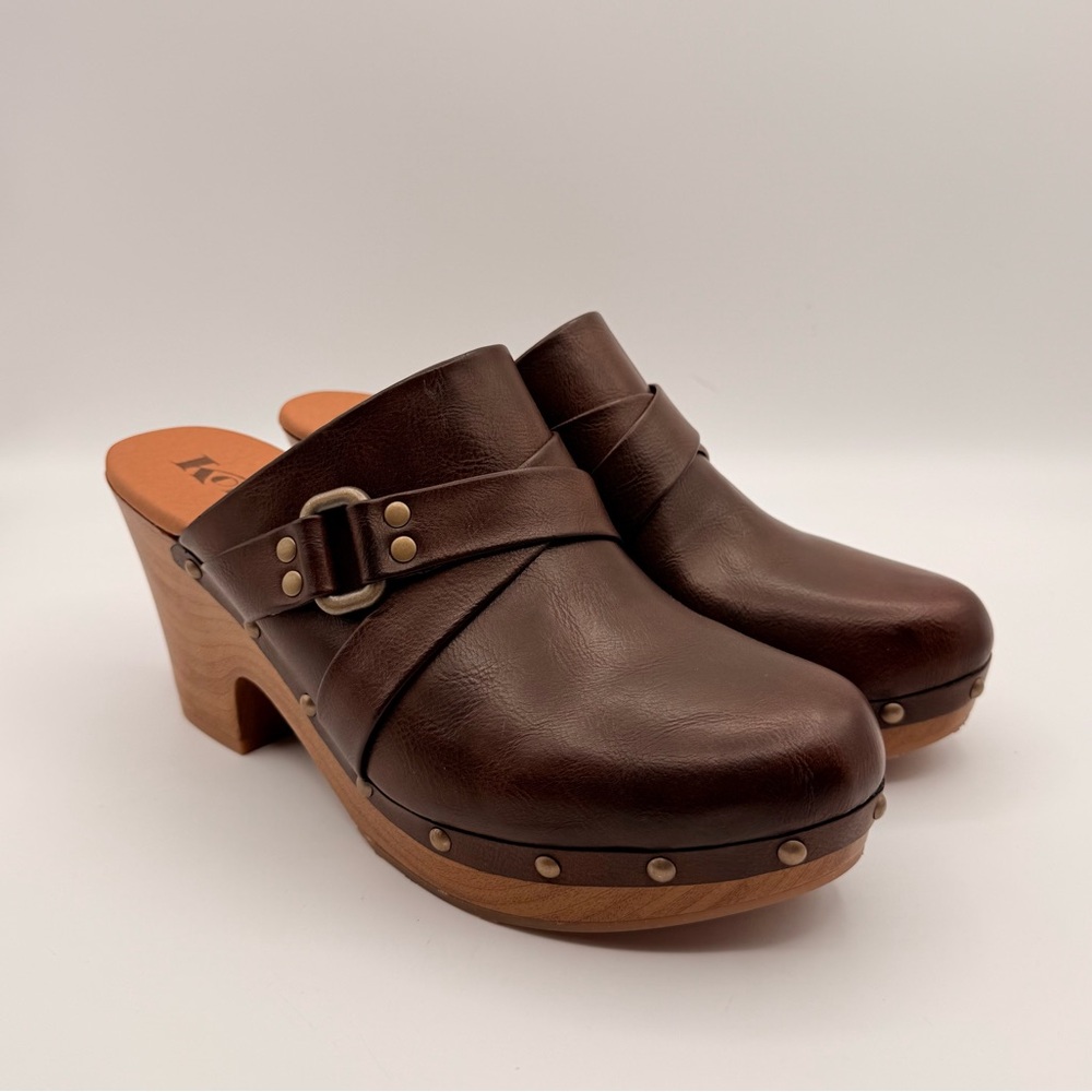 KORKS NWOT Brown Leather Clog Mules with Wooden Platform Heel Women’s Size 11